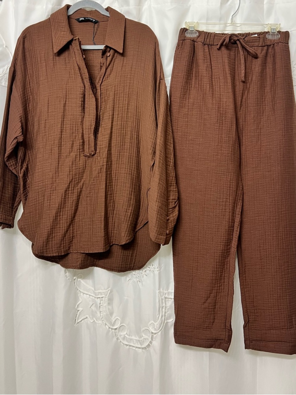 NWT Zara Brown Cotton Gauze Matching Lounge Set Shirt Wide Leg Pants Size S
